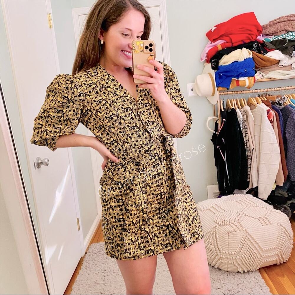 NWT LHD Casitas Mermaid Yellow Black Cotton Puff Sleeve Belted Mini Dress 4